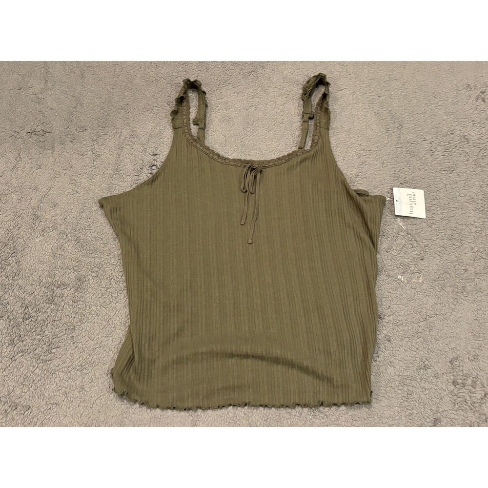 Tranquil & True Womens 1X Olive Green Ribbed Ruffle Strap Tie Front Tank Top NEW